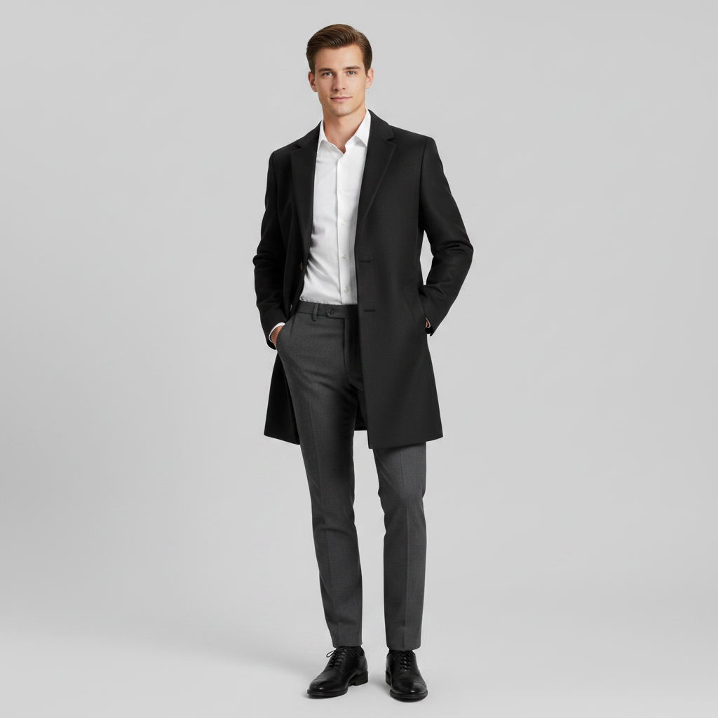 Men's Long Overcoat | Notched Lapel Winter Coat