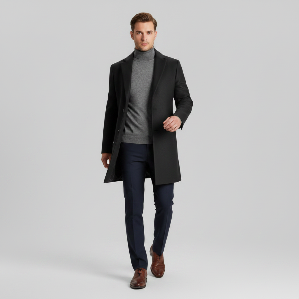 Men's Long Overcoat | Notched Lapel Winter Coat
